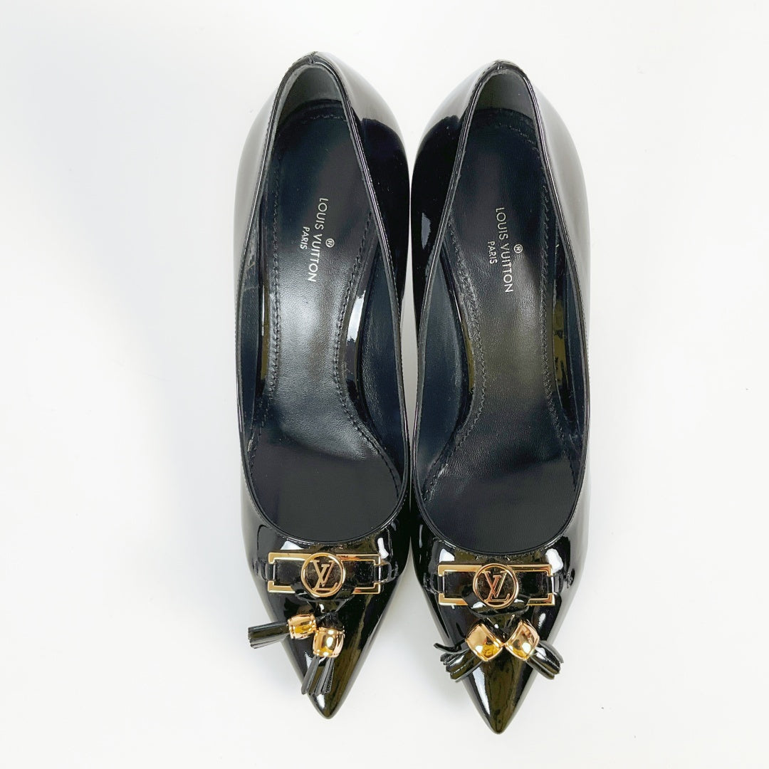 Louis Vuitton Black Patent Leather Heels with LV Logo & Tassel – Size 36.5