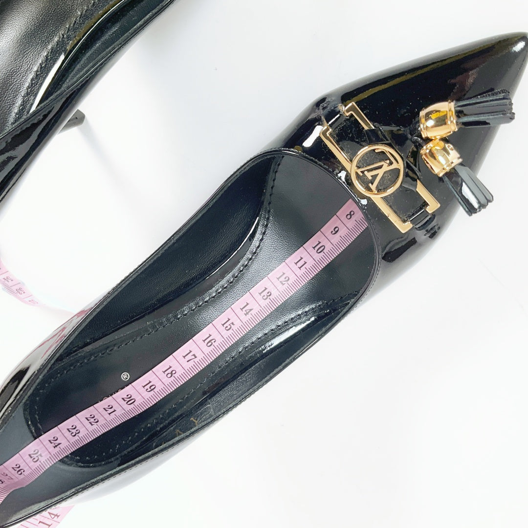 Louis Vuitton Black Patent Leather Heels with LV Logo & Tassel – Size 36.5