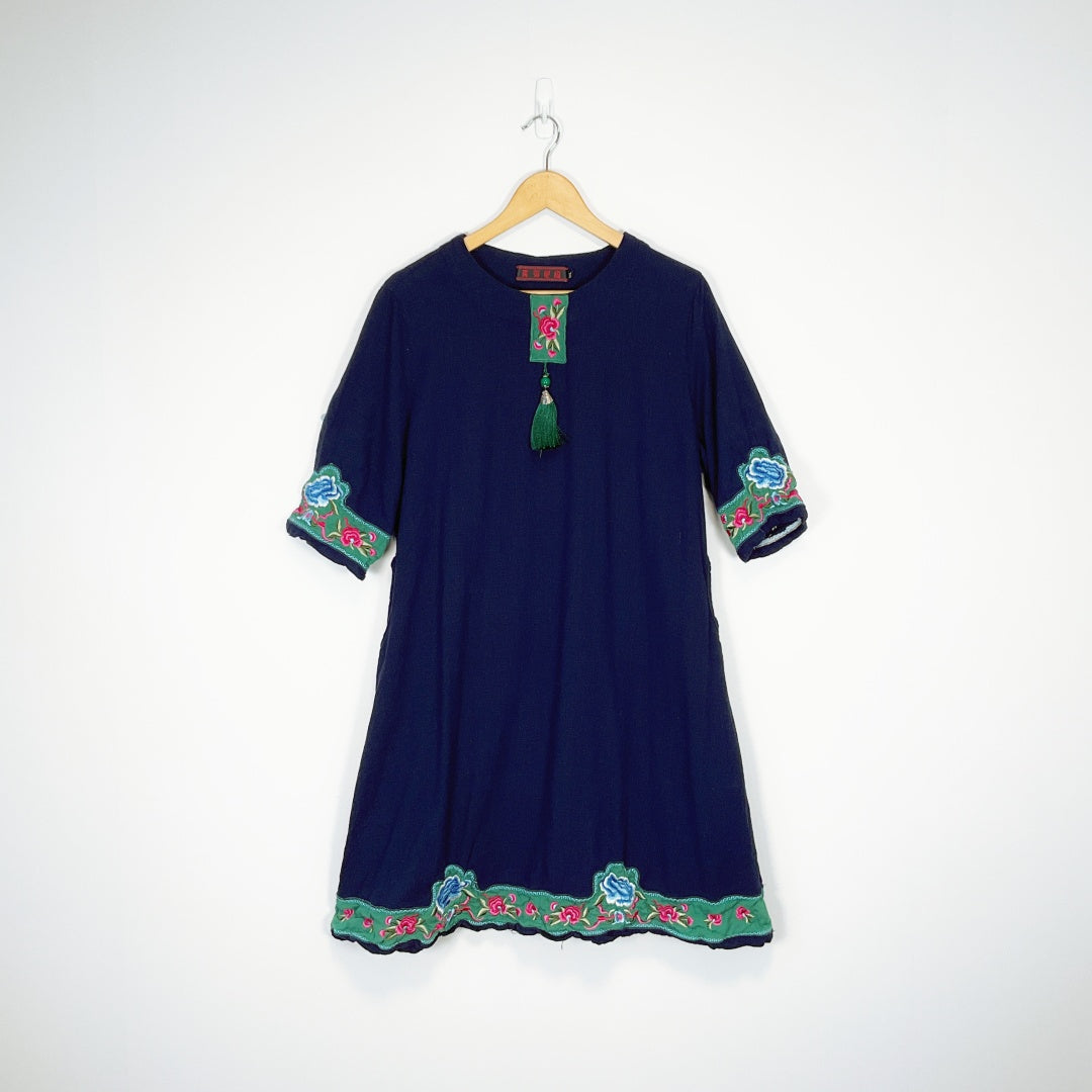 Navy Floral Embroidered Tunic Dress