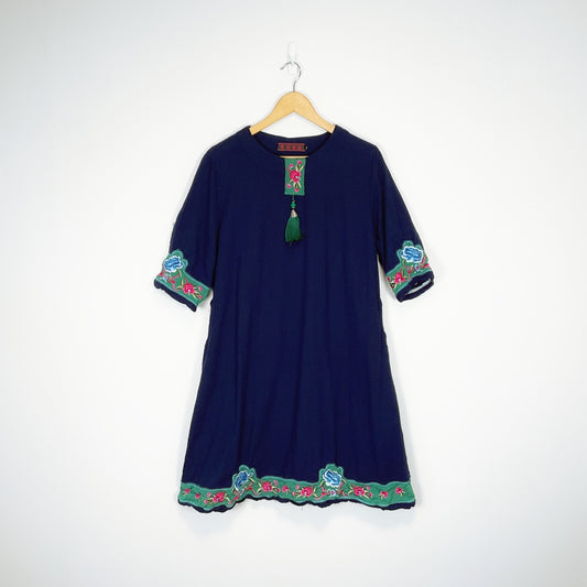 Navy Floral Embroidered Tunic Dress