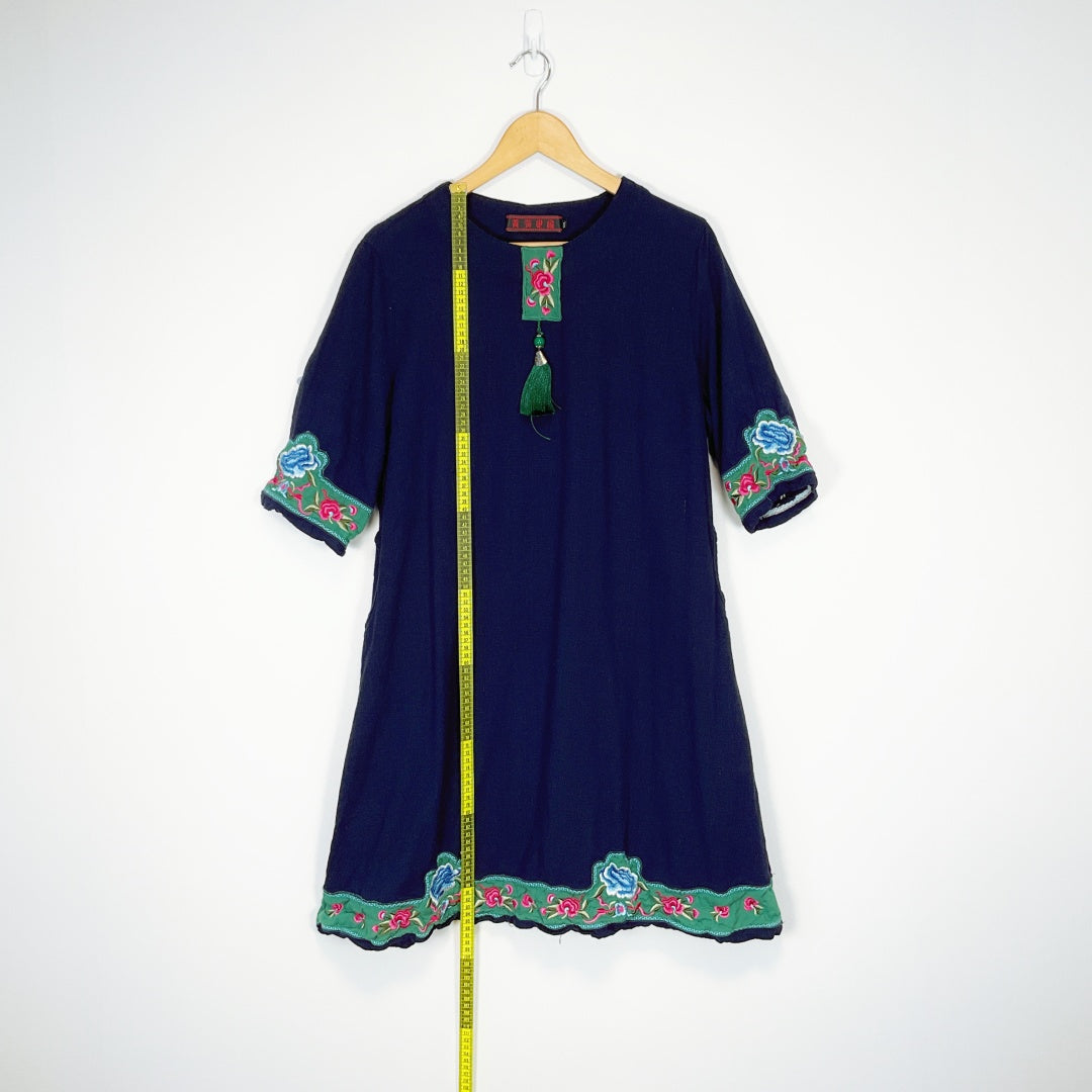 Navy Floral Embroidered Tunic Dress