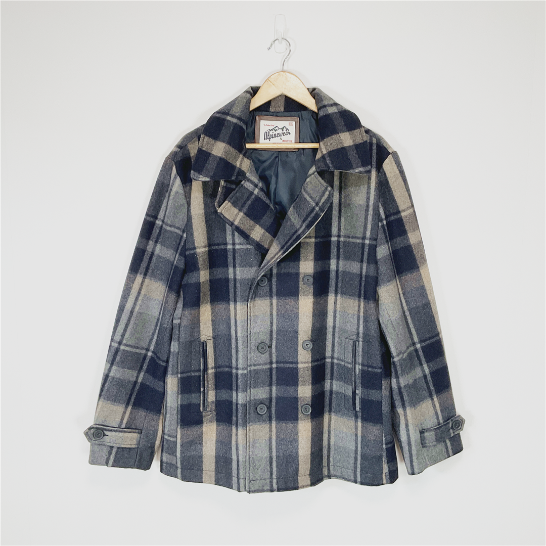 ALPINEWEAR Wool Blend Peacoat Jacket XXL Blue Grey Check