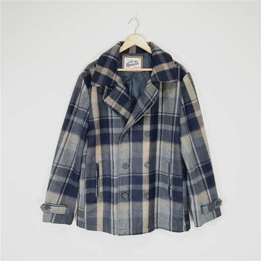 ALPINEWEAR Wool Blend Peacoat Jacket XXL Blue Grey Check