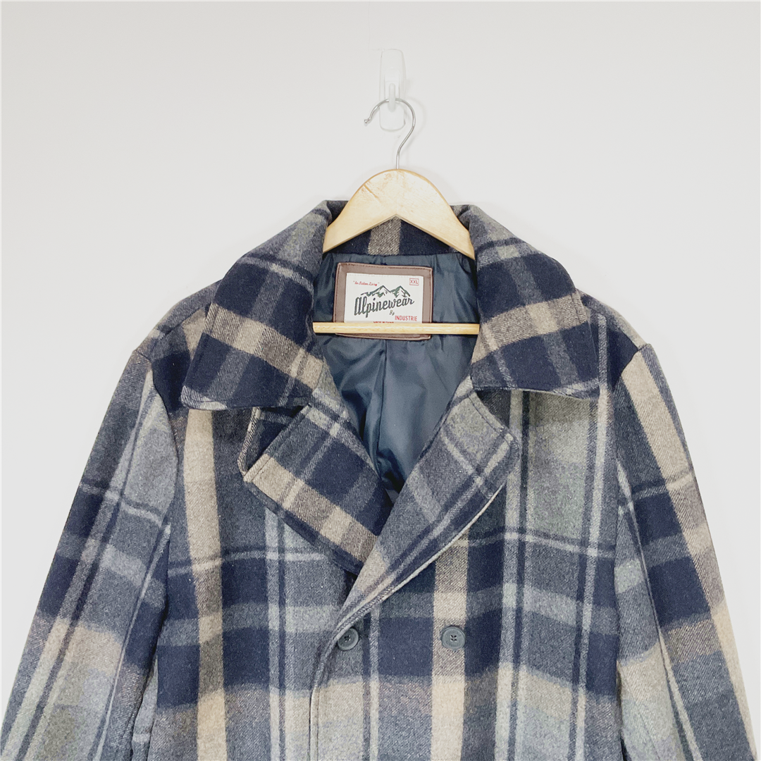 ALPINEWEAR Wool Blend Peacoat Jacket XXL Blue Grey Check