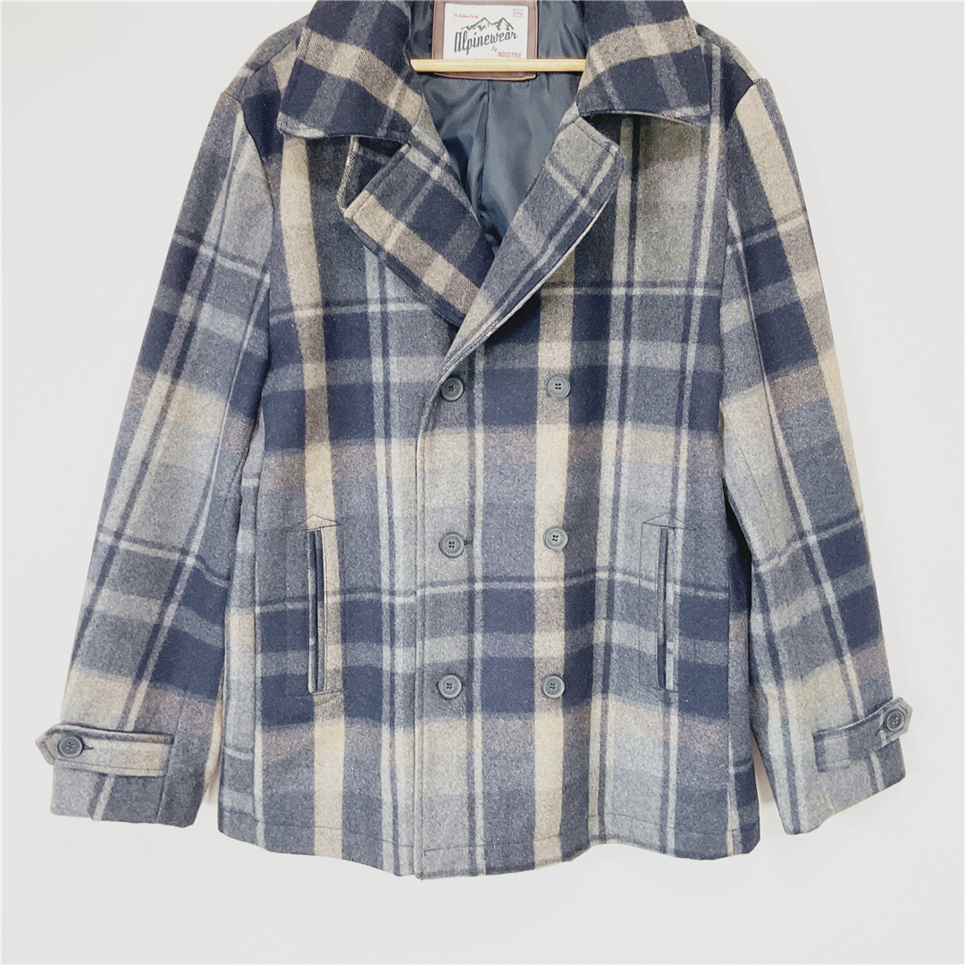 ALPINEWEAR Wool Blend Peacoat Jacket XXL Blue Grey Check