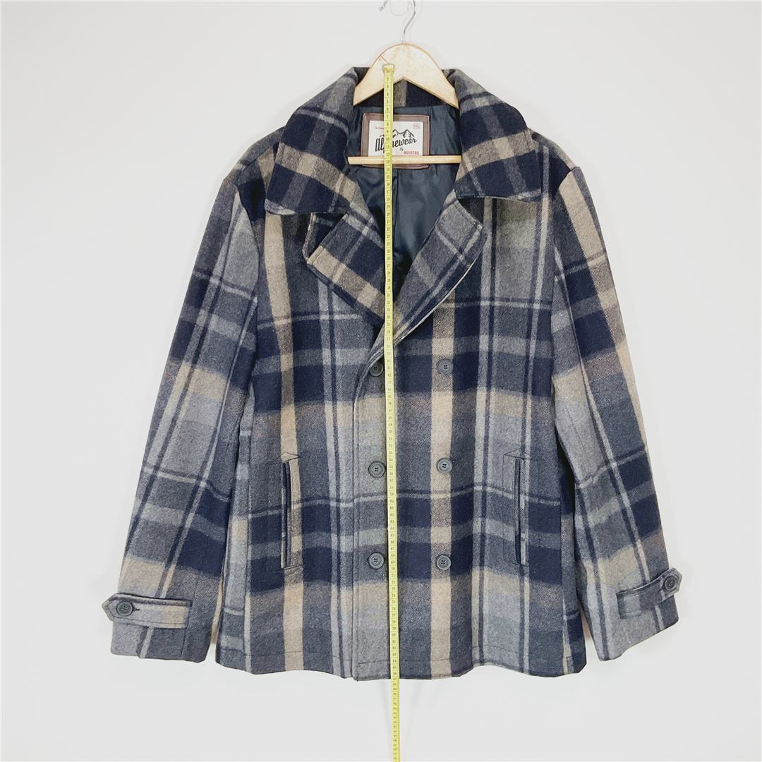 ALPINEWEAR Wool Blend Peacoat Jacket XXL Blue Grey Check