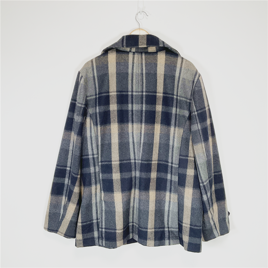 ALPINEWEAR Wool Blend Peacoat Jacket XXL Blue Grey Check