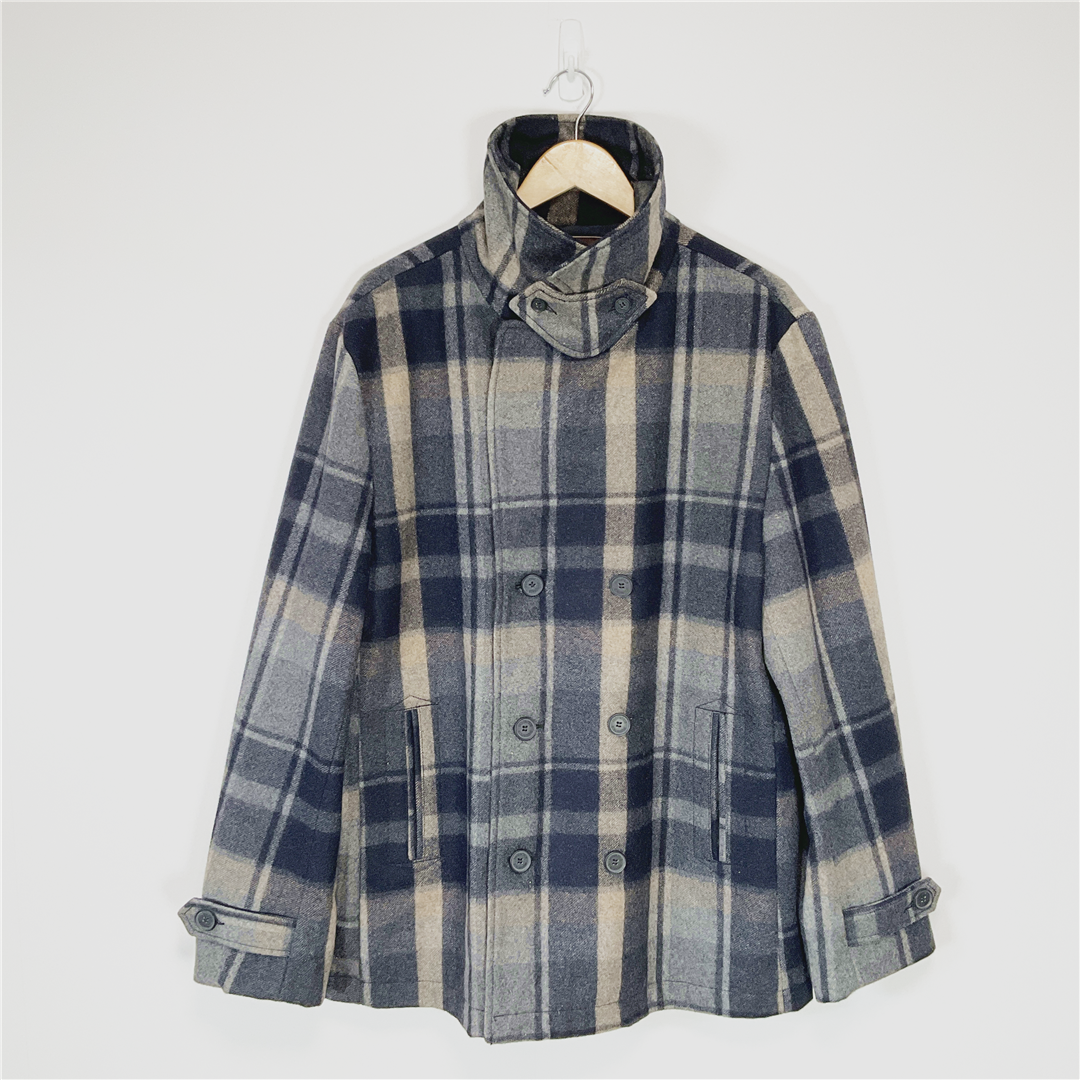 ALPINEWEAR Wool Blend Peacoat Jacket XXL Blue Grey Check