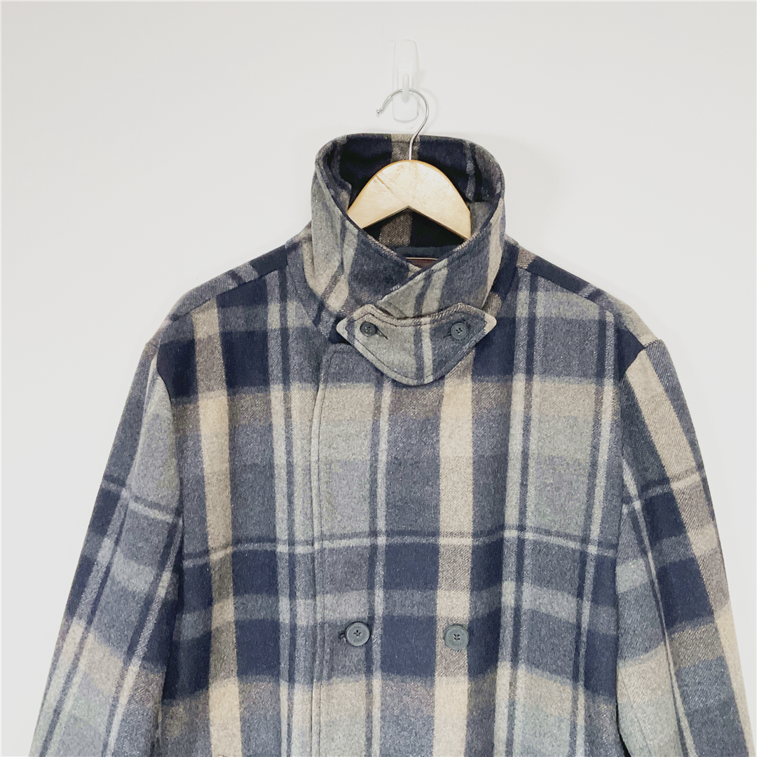 ALPINEWEAR Wool Blend Peacoat Jacket XXL Blue Grey Check