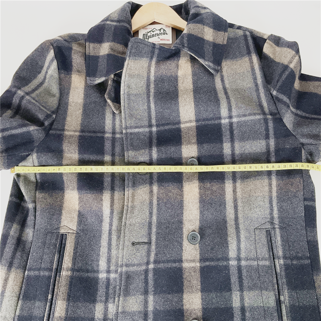 ALPINEWEAR Wool Blend Peacoat Jacket XXL Blue Grey Check