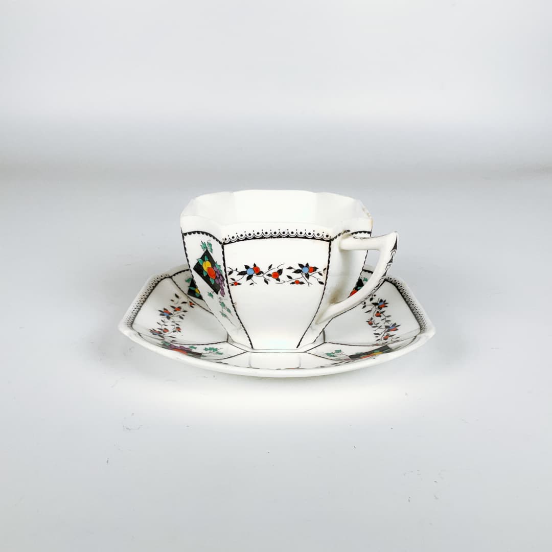 Shelley - Fruit and Diamonds Queen Anne Square Paneled Art Deco 1912 Tea Cup and Saucer Set
