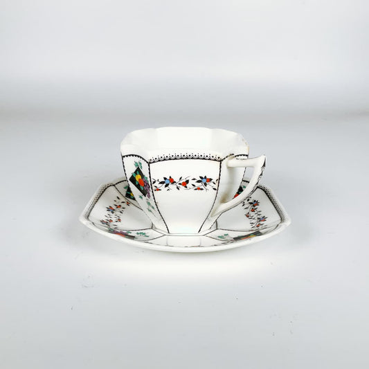 Shelley - Fruit and Diamonds Queen Anne Square Paneled Art Deco 1912 Tea Cup and Saucer Set