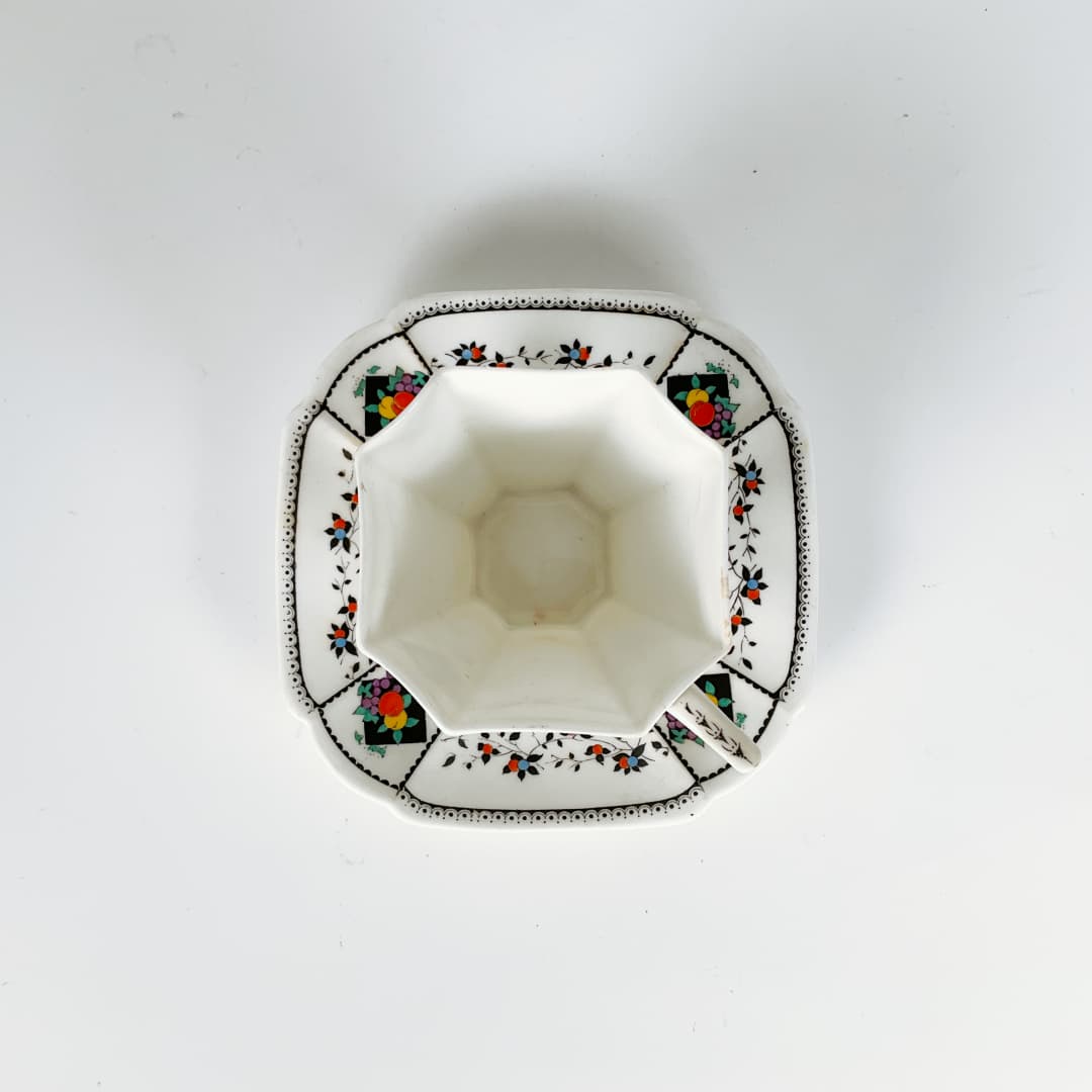 Shelley - Fruit and Diamonds Queen Anne Square Paneled Art Deco 1912 Tea Cup and Saucer Set