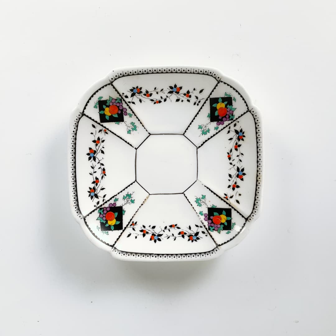 Shelley - Fruit and Diamonds Queen Anne Square Paneled Art Deco 1912 Tea Cup and Saucer Set