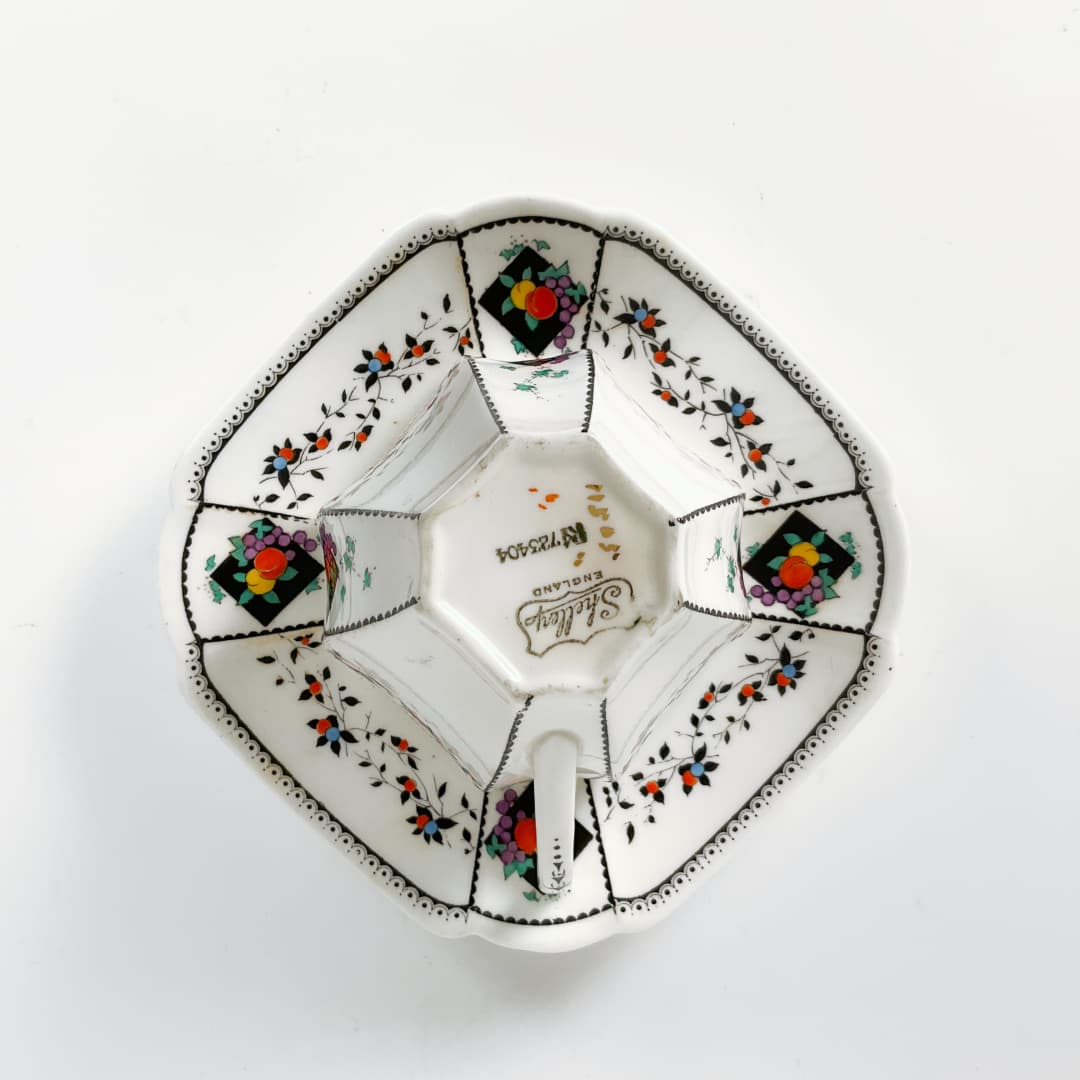 Shelley - Fruit and Diamonds Queen Anne Square Paneled Art Deco 1912 Tea Cup and Saucer Set