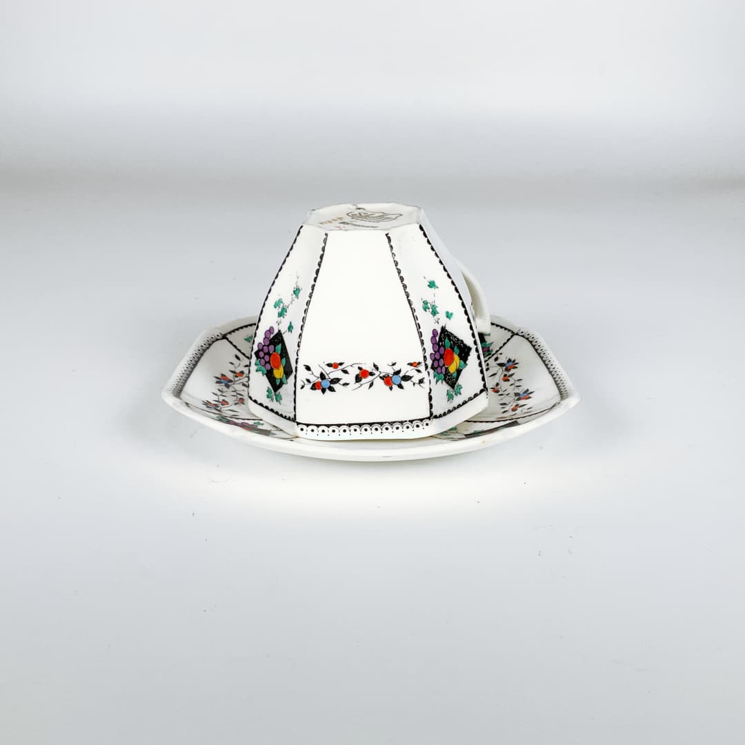 Shelley - Fruit and Diamonds Queen Anne Square Paneled Art Deco 1912 Tea Cup and Saucer Set