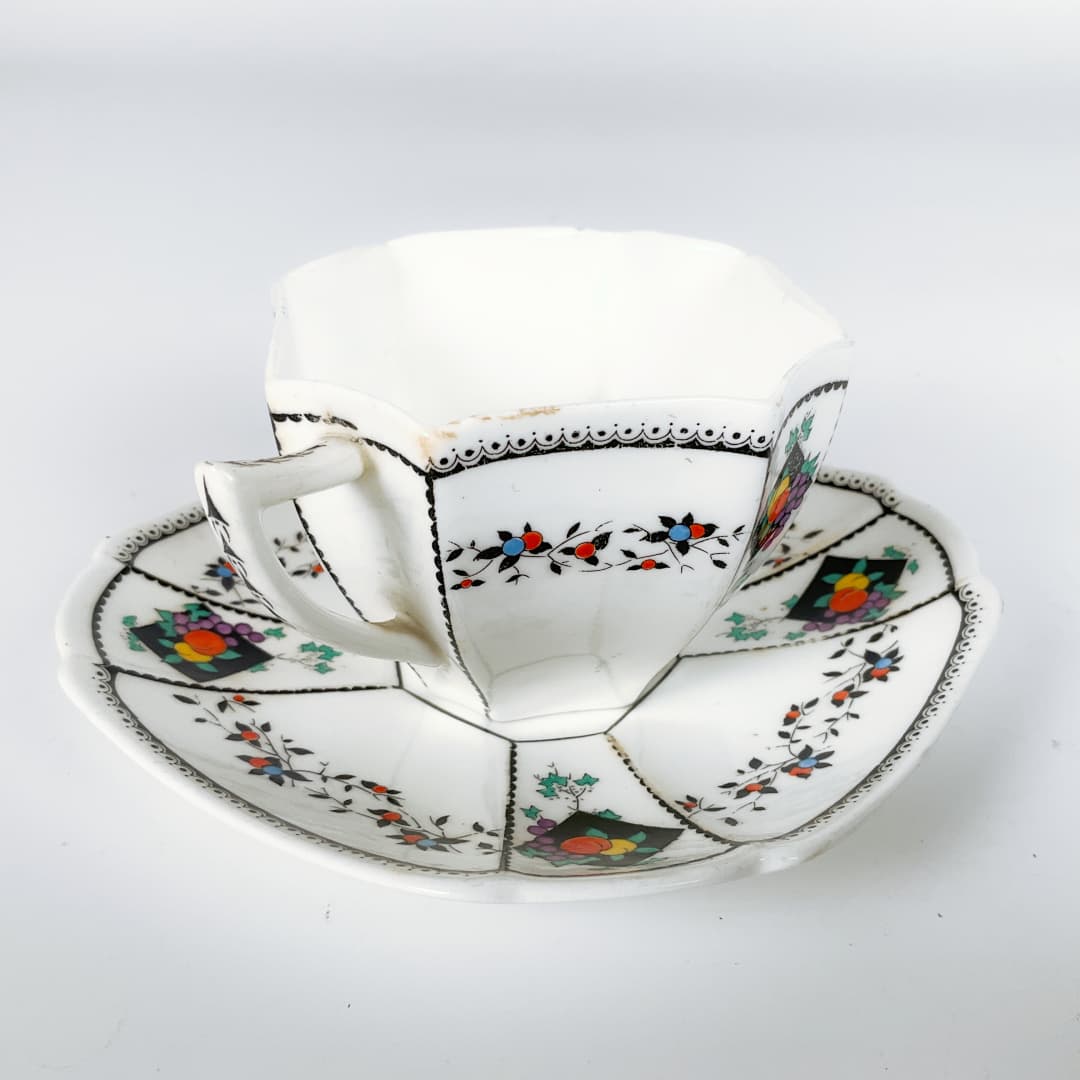 Shelley - Fruit and Diamonds Queen Anne Square Paneled Art Deco 1912 Tea Cup and Saucer Set