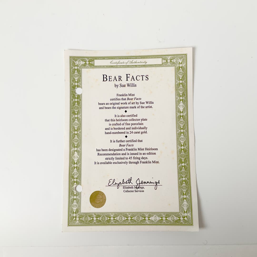 Franklin Mint - “Bear Facts” Limited Edition Collectors Plate
