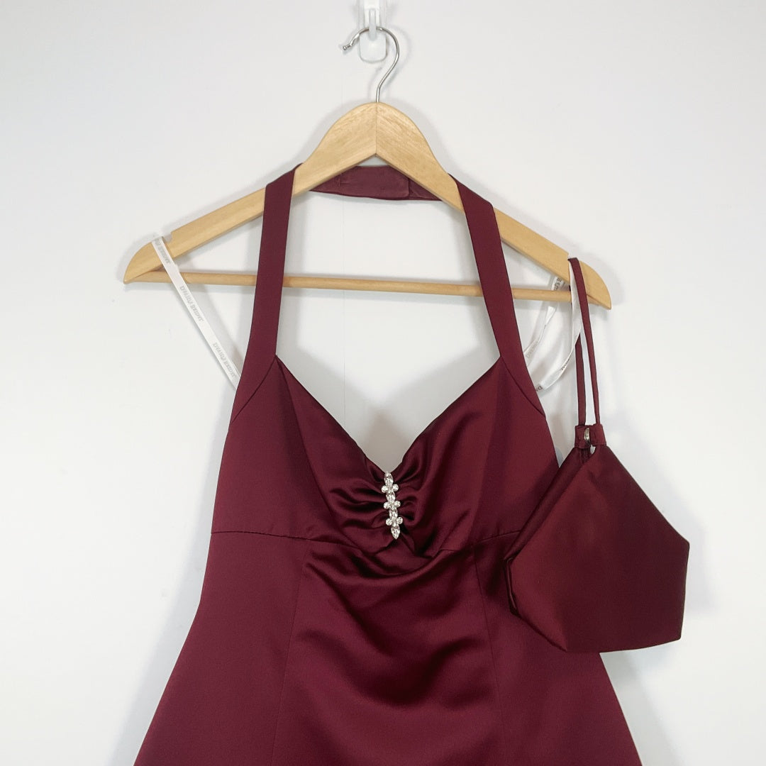 DAVID'S BRIDAL Burgundy Satin Formal Dress with Handbag
