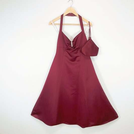 DAVID'S BRIDAL Burgundy Satin Formal Dress with Handbag