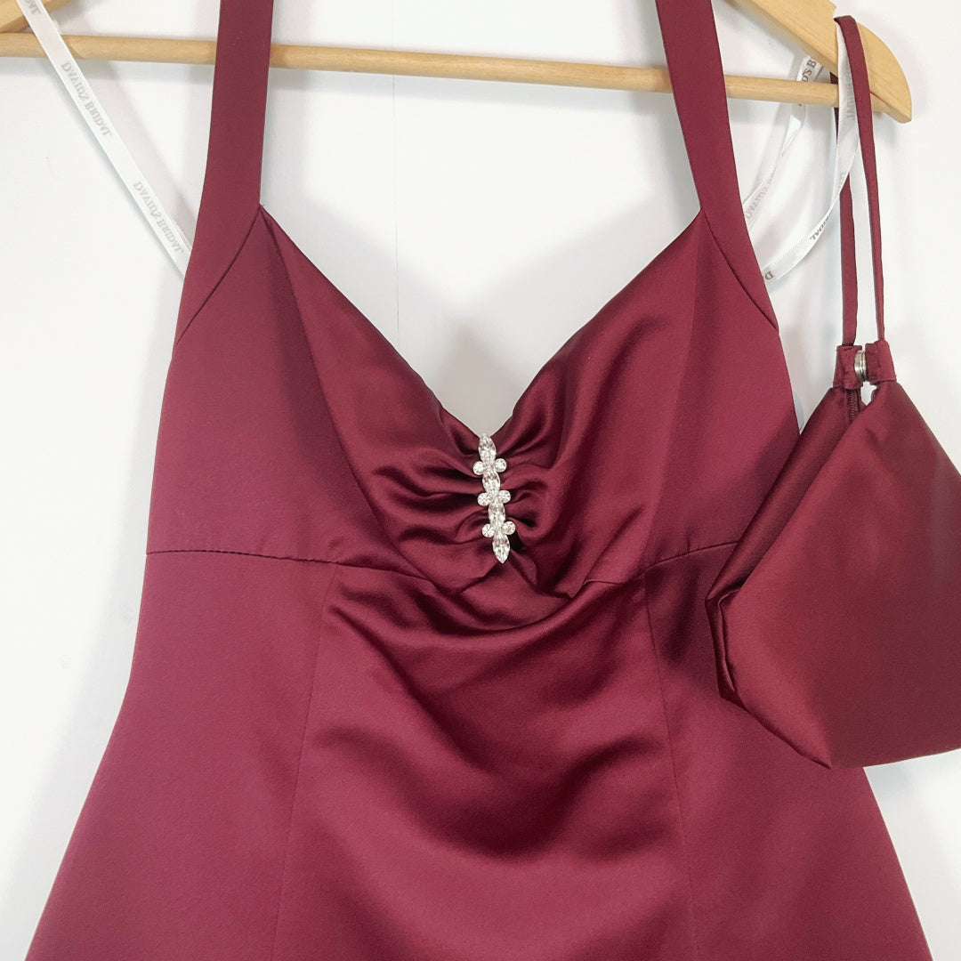 DAVID'S BRIDAL Burgundy Satin Formal Dress with Handbag
