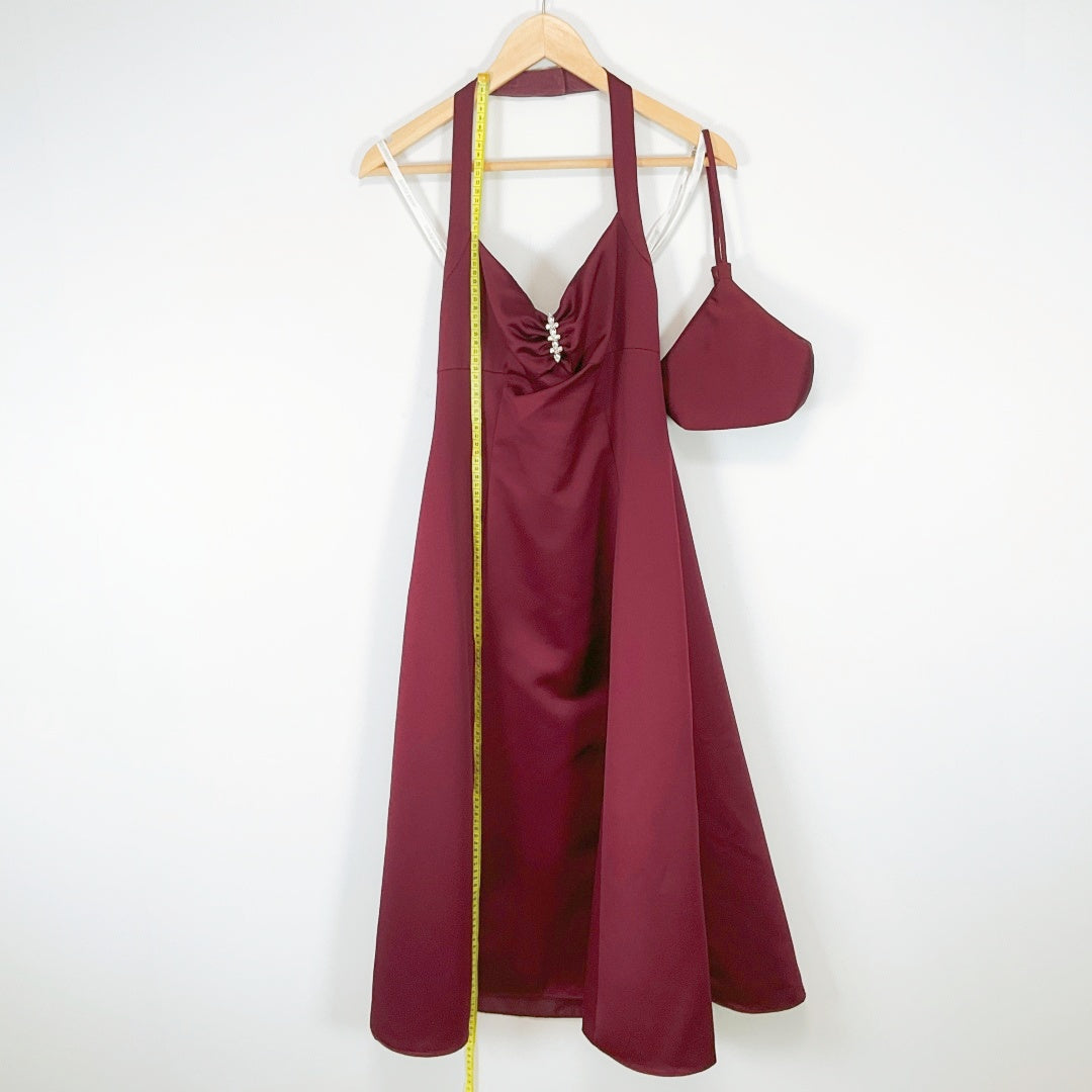DAVID'S BRIDAL Burgundy Satin Formal Dress with Handbag
