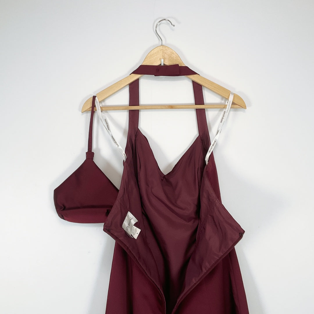 DAVID'S BRIDAL Burgundy Satin Formal Dress with Handbag