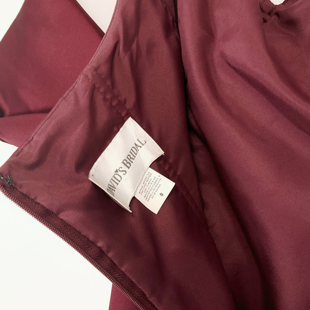 DAVID'S BRIDAL Burgundy Satin Formal Dress with Handbag