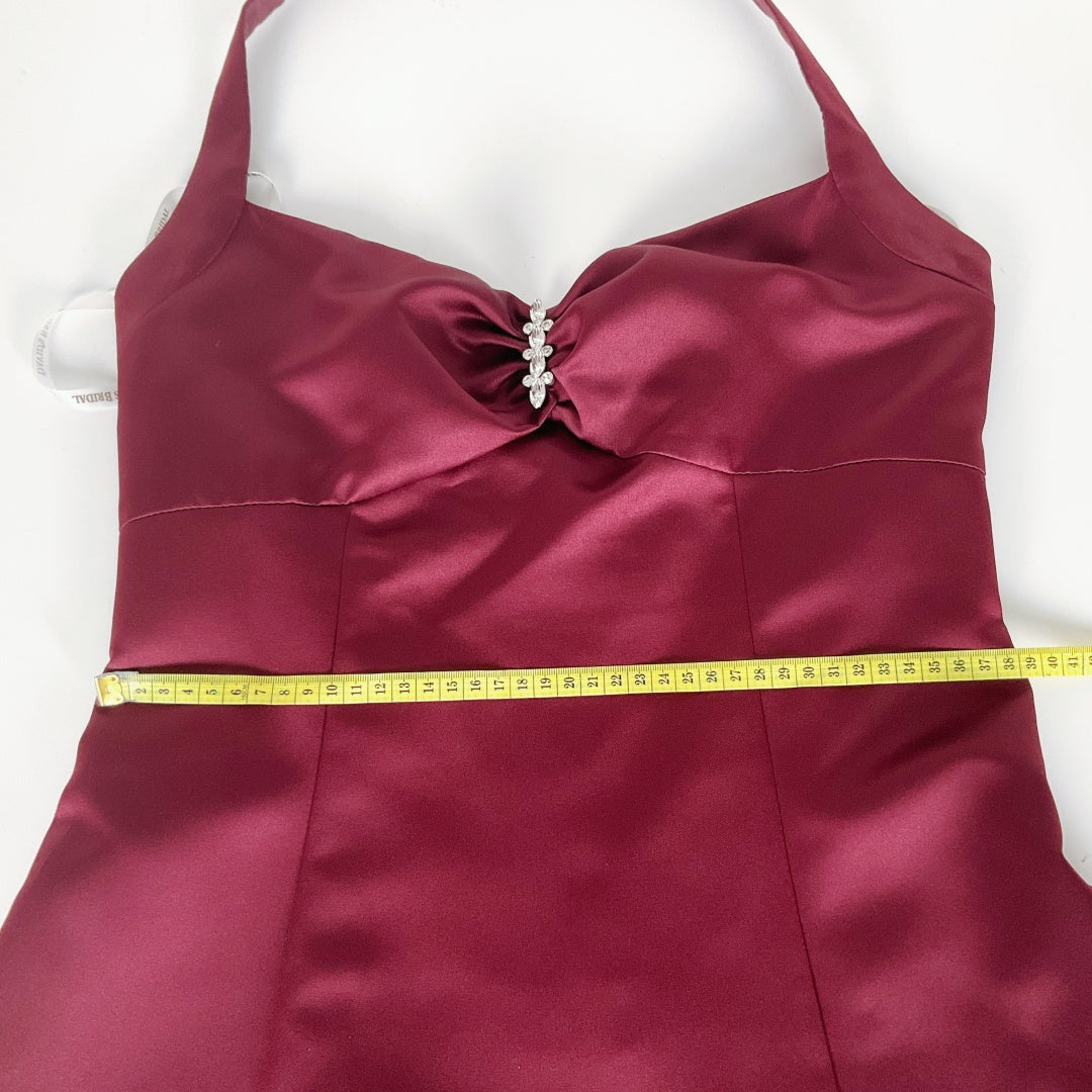DAVID'S BRIDAL Burgundy Satin Formal Dress with Handbag