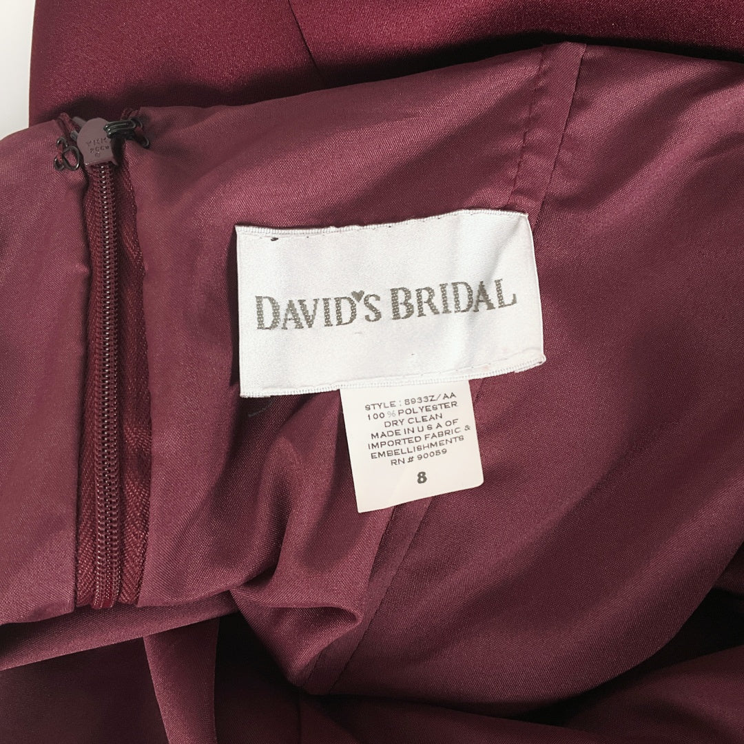 DAVID'S BRIDAL Burgundy Satin Formal Dress with Handbag