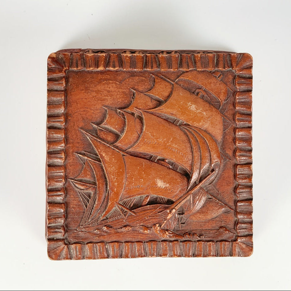 Vintage Barricini Candies Box with Carved Sailing Ship Lid