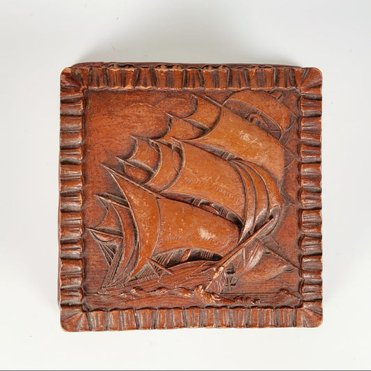 Vintage Barricini Candies Box with Carved Sailing Ship Lid