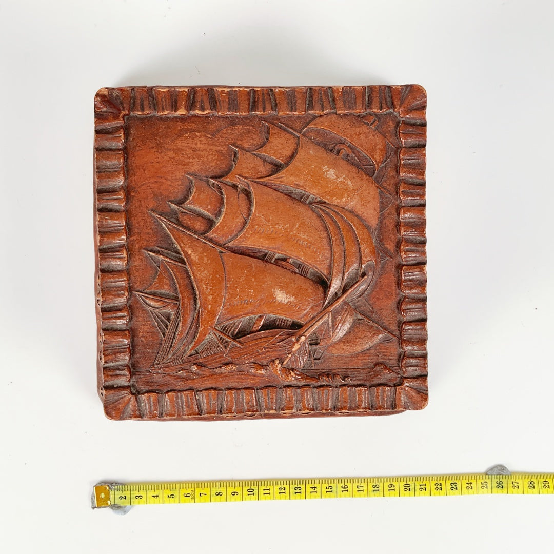 Vintage Barricini Candies Box with Carved Sailing Ship Lid