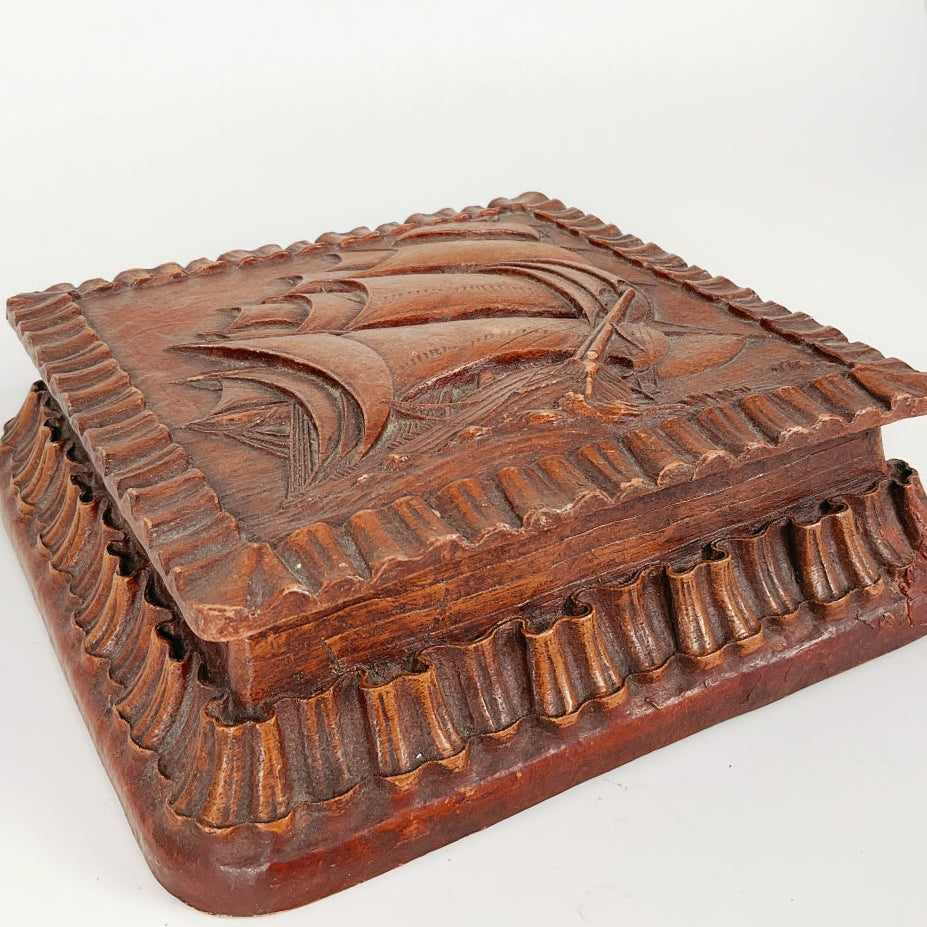 Vintage Barricini Candies Box with Carved Sailing Ship Lid