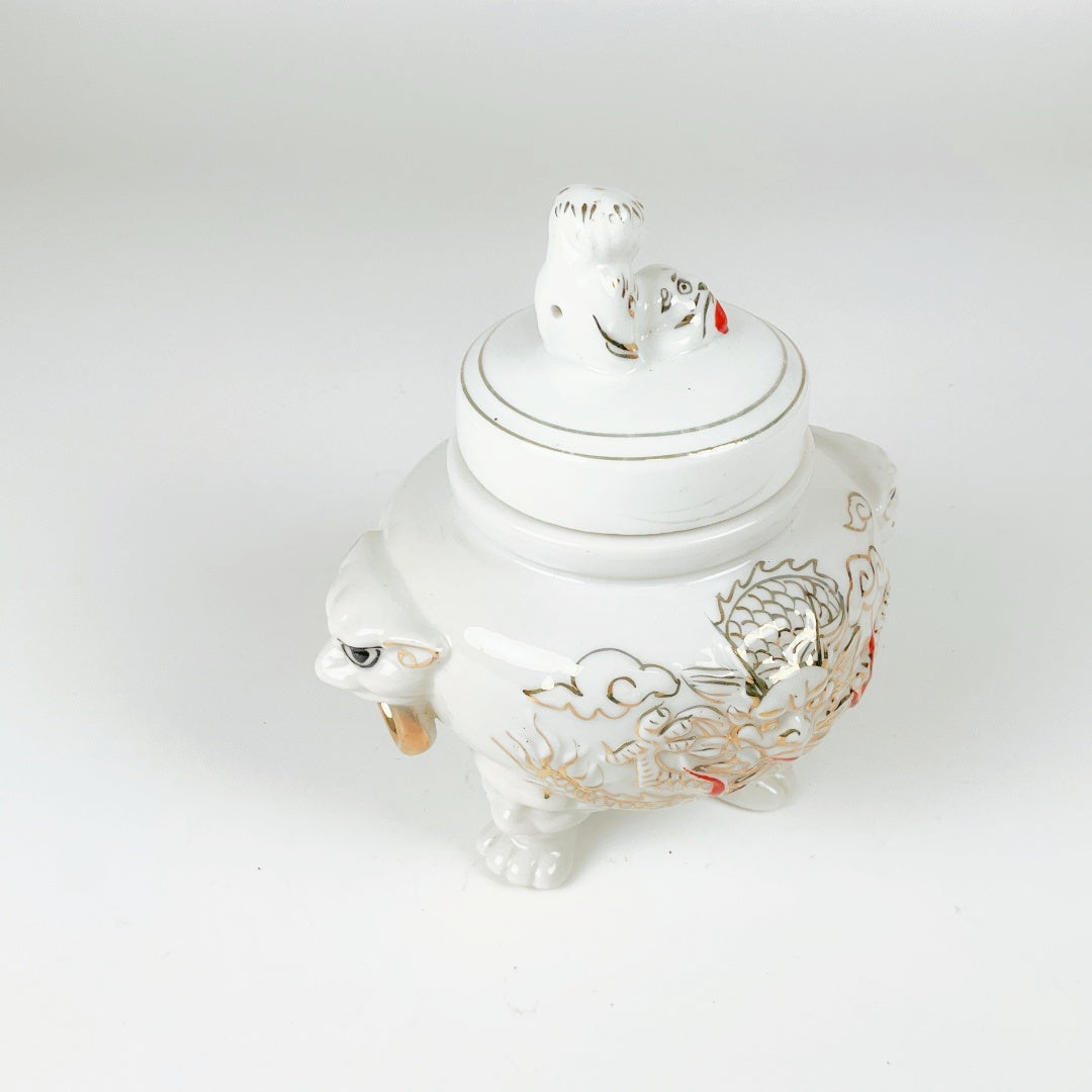 Vintage White Porcelain Incense Burner with a Foo Dog finial