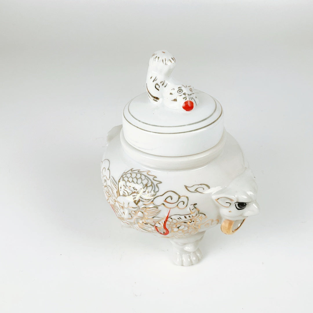 Vintage White Porcelain Incense Burner with a Foo Dog finial