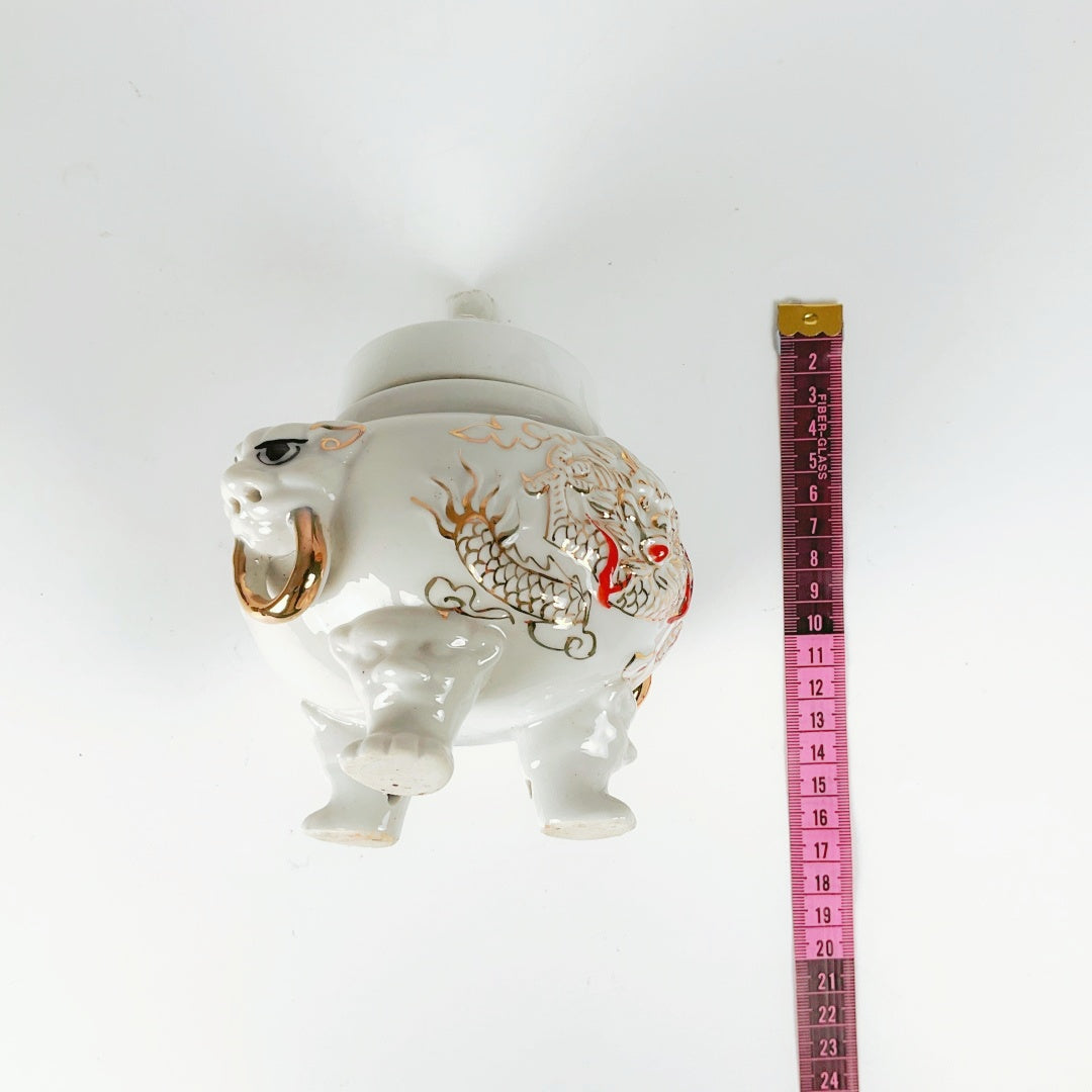 Vintage White Porcelain Incense Burner with a Foo Dog finial