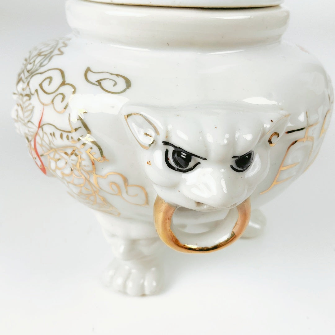 Vintage White Porcelain Incense Burner with a Foo Dog finial