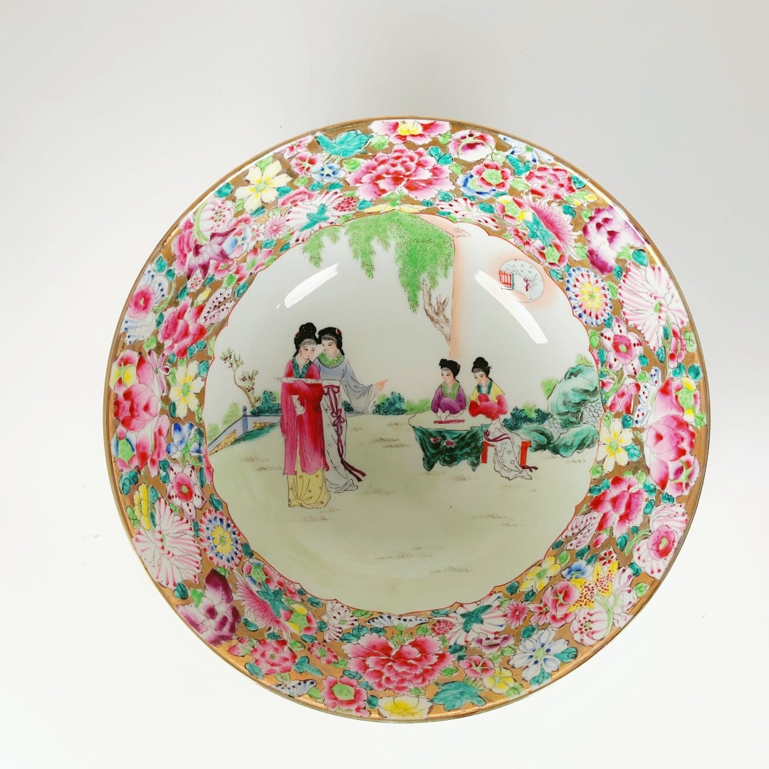 Large Chinese Famille Rose Porcelain Bowl with Qianlong Mark & Wooden Stand