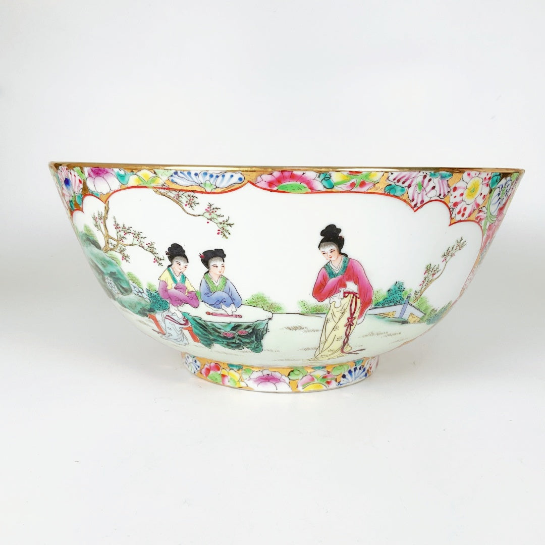 Large Chinese Famille Rose Porcelain Bowl with Qianlong Mark & Wooden Stand