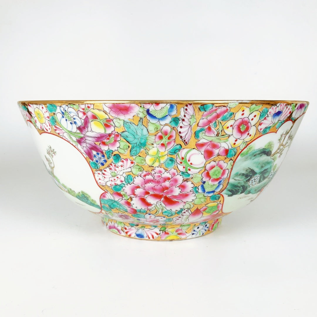 Large Chinese Famille Rose Porcelain Bowl with Qianlong Mark & Wooden Stand
