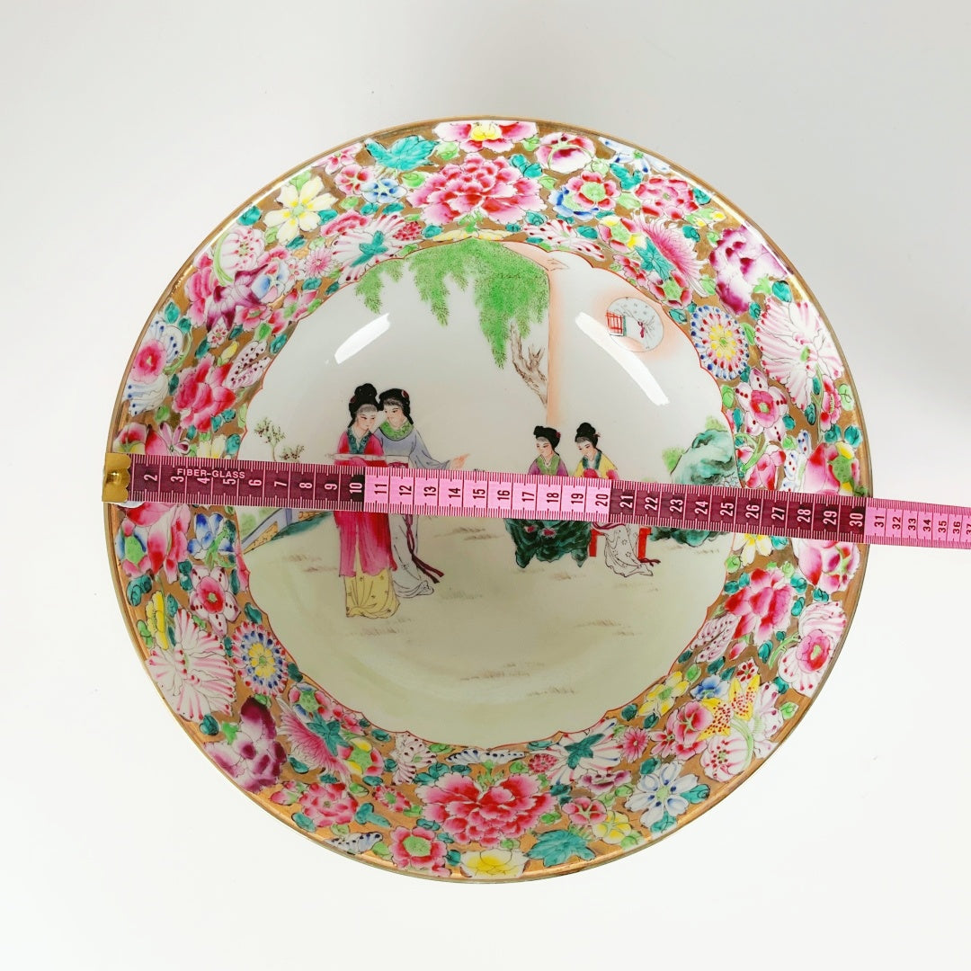Large Chinese Famille Rose Porcelain Bowl with Qianlong Mark & Wooden Stand