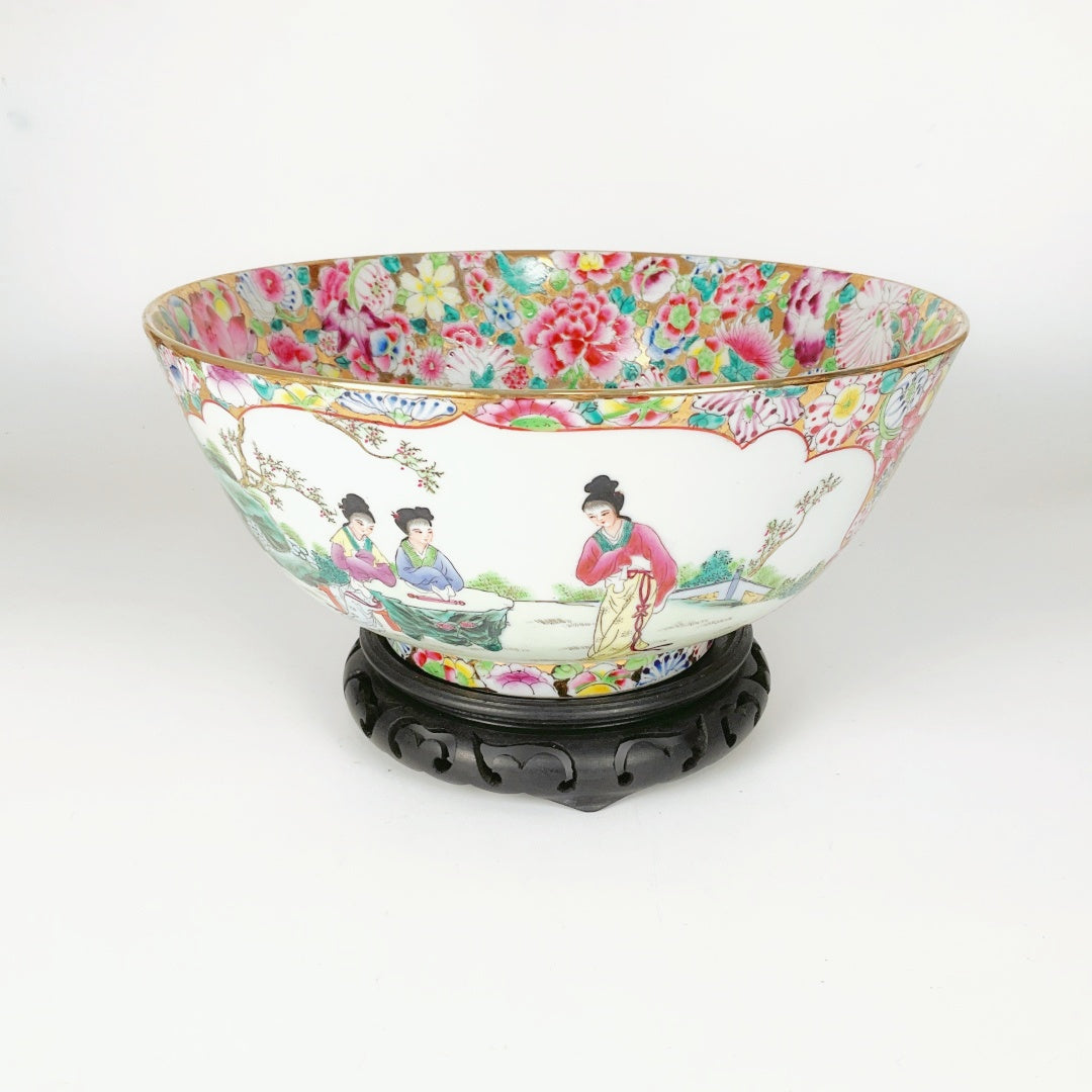 Large Chinese Famille Rose Porcelain Bowl with Qianlong Mark & Wooden Stand