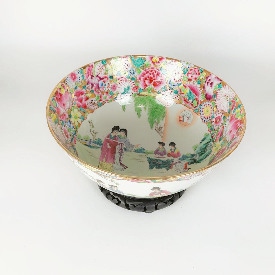 Large Chinese Famille Rose Porcelain Bowl with Qianlong Mark & Wooden Stand