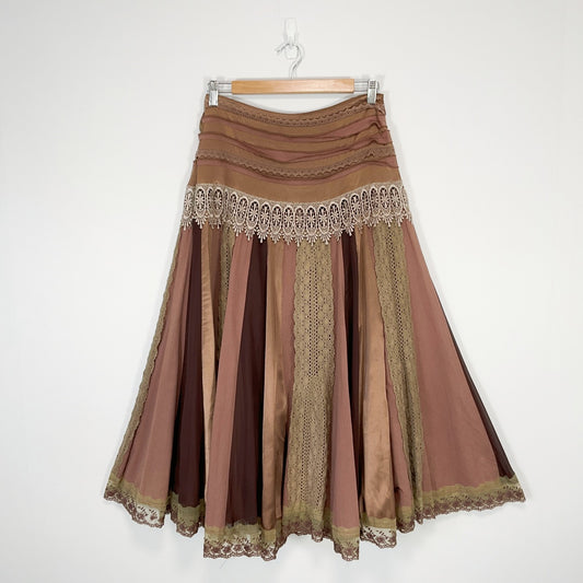JUO - Vintage Style Panelled Midi Skirt - Brown - Size 8