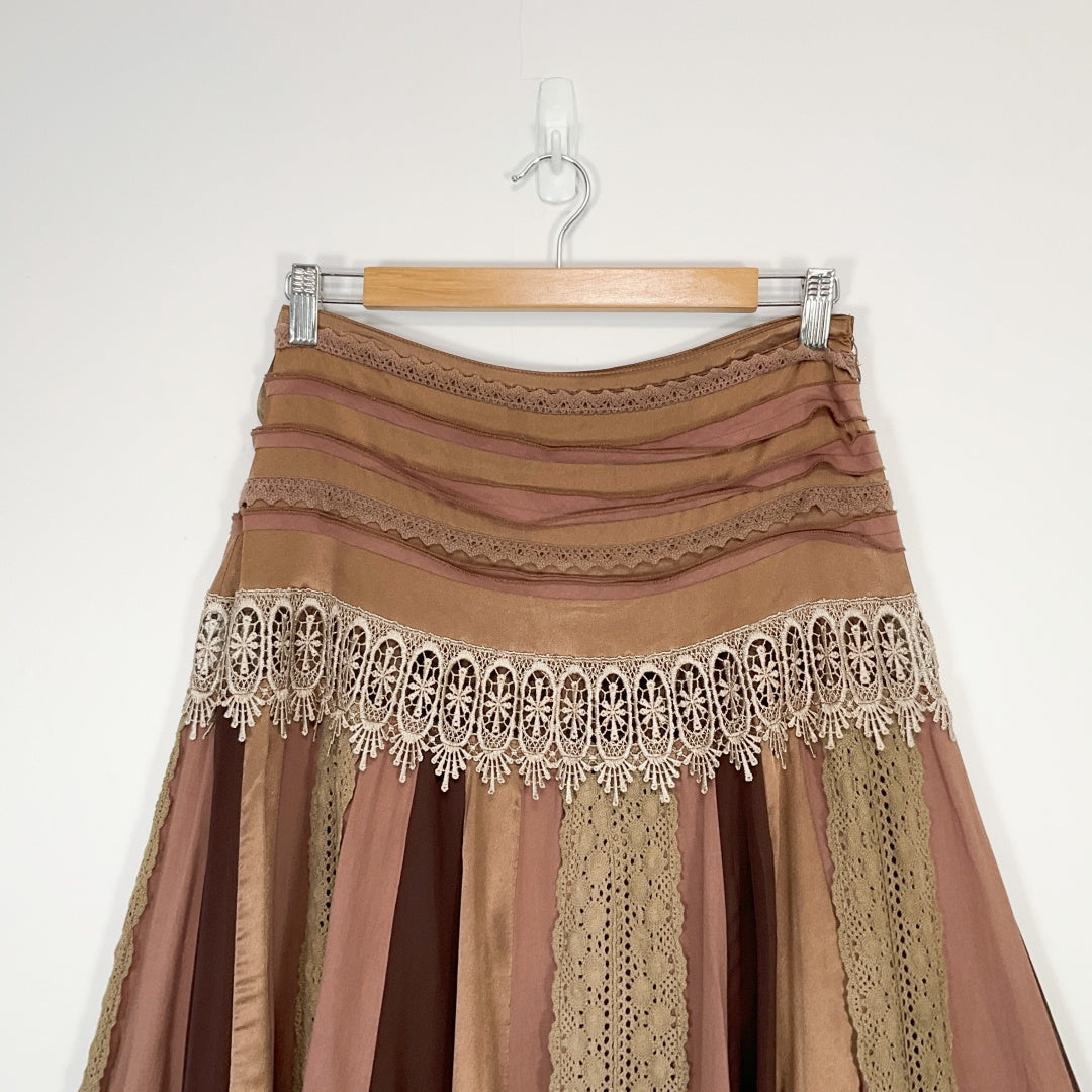 JUO - Vintage Style Panelled Midi Skirt - Brown - Size 8
