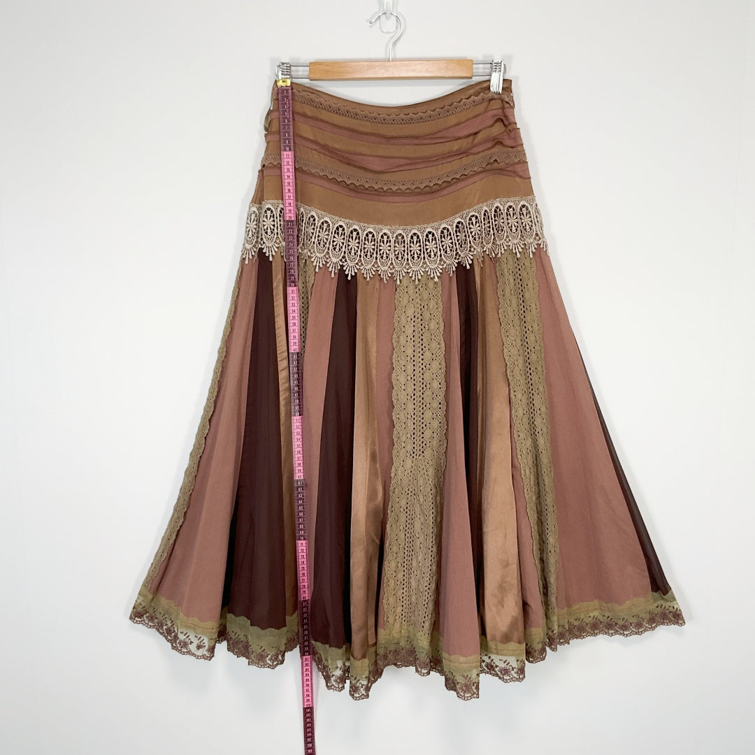JUO - Vintage Style Panelled Midi Skirt - Brown - Size 8