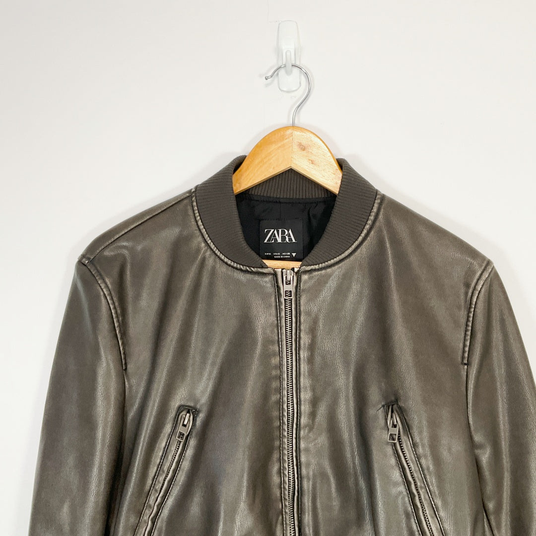 ZARA - Faux Leather Bomber Jacket - Dark Brown - Size S