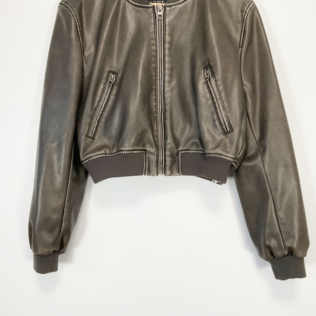 ZARA - Faux Leather Bomber Jacket - Dark Brown - Size S