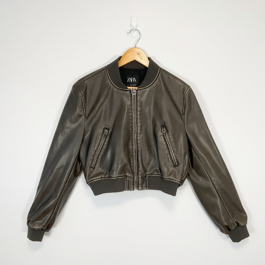 ZARA - Faux Leather Bomber Jacket - Dark Brown - Size S